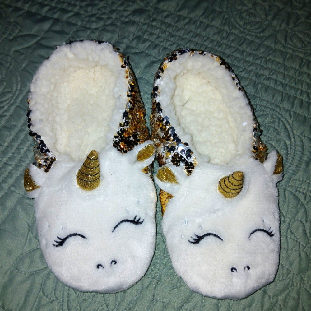Unicorn Slippers with Gold and White Sequins